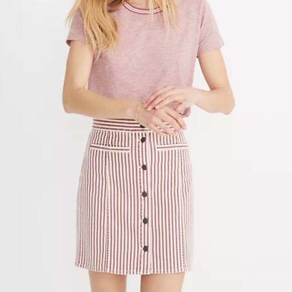 Madewell Button Front Stretch Denim Straight Dark Red Stripe Mini Skirt 31 6 8 - Picture 1 of 11